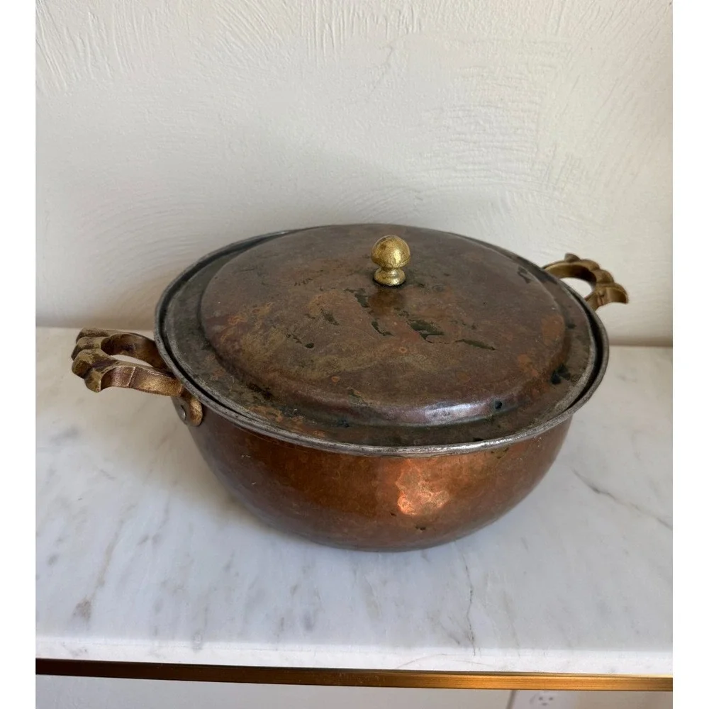 Authentic Hand-Hammered Middle Eastern Copper Cooking Pot w/Lid & Brass Handles